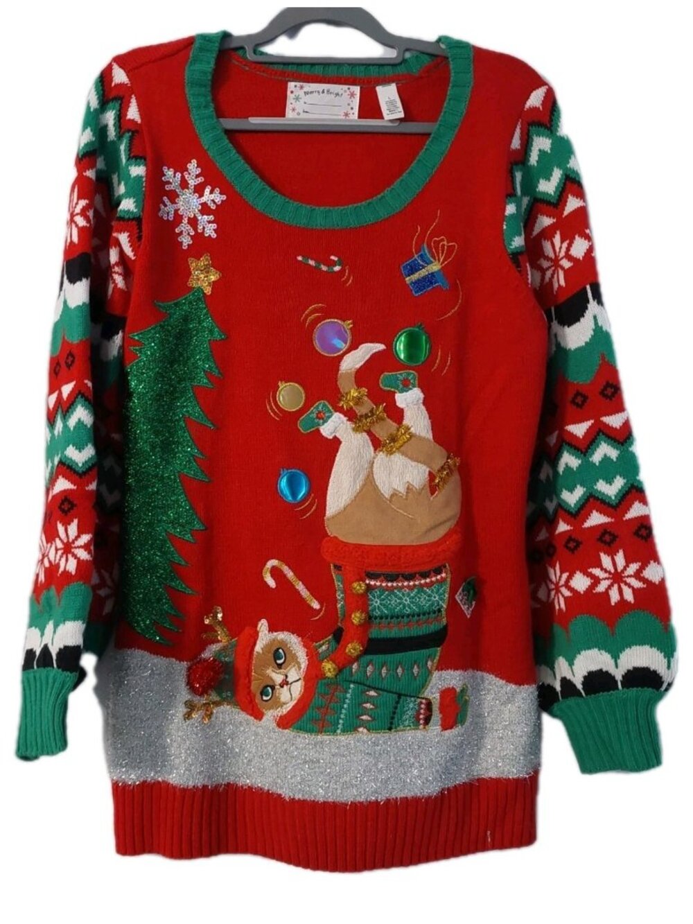 Merry & Bright Women's Christmas Sweater Cat Size Large Red Pullover READ